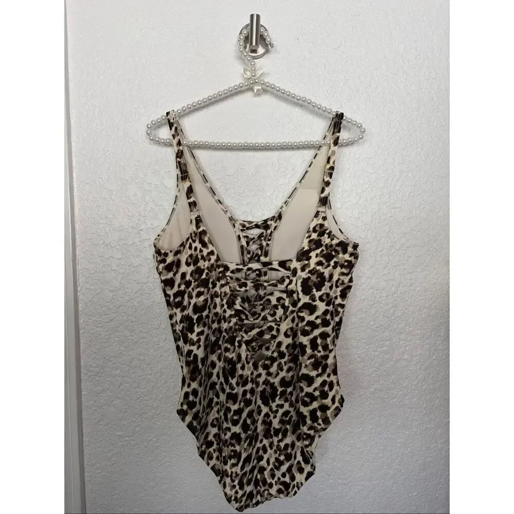 BLEU Rod Beattie Skin Games Lace-Up One-Piece Swimsuit in Leopard Print Size 14